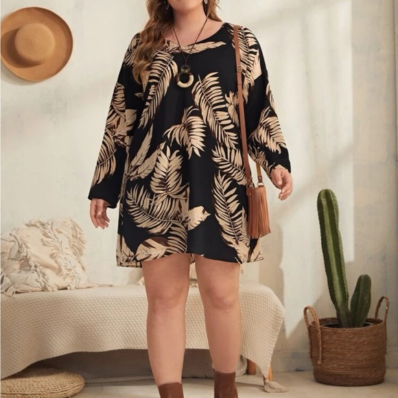 Plus Size Tropical Leaf Print Long Sleeve Dress - Picture 4 of 5